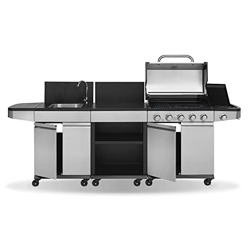 JUSTUS 5-Brenner Gasgrillküche Juno mit Seitenbrenner – Grillwagen aus Edelstahl mit Spüleinheit und Arbeitsfläche, 253 x 57 x 113 cm, Edelstahl Schwarz