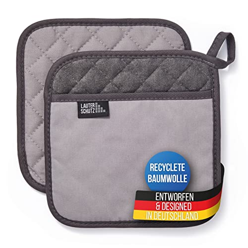 LauterSchutz® 1 Paar Topflappen - extra weiche, waschbare & recyclete Baumwolle mit Grifftasche für die Hände [Hitzebeständig bis 250°C] Topfhandschuhe zum Kochen & Backen (Grau)