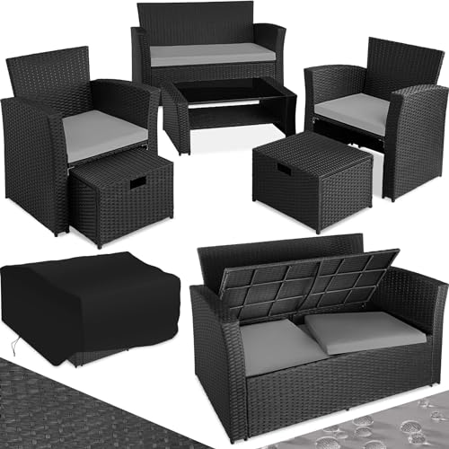 tectake Polyrattan Garten Sitzgruppe für 4 Personen mit Hocker, Rattan Gartenmöbel Set mit eingebauter Auflagenbox in der Sitzbank, Garten und Balkon Möbel - schwarz/grau