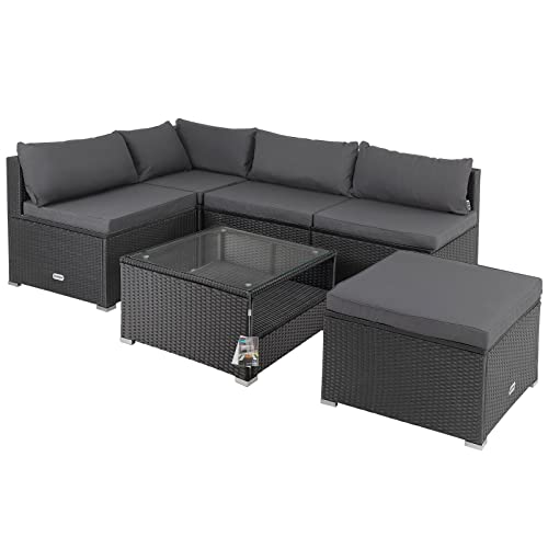 Casaria® Gartenmöbel Set Polyrattan 5 Personen Wetterfest Tisch 5mm Sicherheitsglas Lounge Outdoor Terrasse Eck Sofa Sitzauflagen Schwarz-Anthrazit