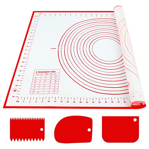 Silikon Backmatte, Backunterlage Groß 70 x 50 cm Antihaft Teigmatte Ausrollmatte mit Messung, mit 3 Stück Teigschaber, Wiederverwendbar Backen Zubehör für Teig, Fondant, Macarons, Kekse, Pizza