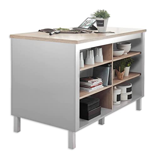 Stella Trading Bilberry Moderne Kücheninsel mit Arbeitsplatte freistehend Optik, matt-Geräumiger Küchenschrank, Holzwerkstoff, Eiche Sonoma/Weiß, 138 x 85 x 75 cm