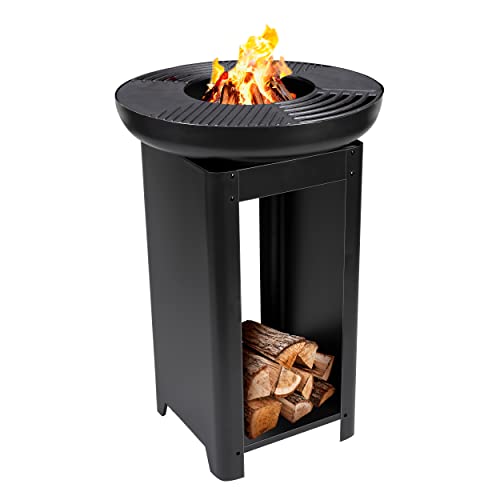 BBQ Collection 3-in-1 Feuerschale und Teppanyaki Grillrost - Feuerkorb - Plancha Grillplatte - 61 x 61 x 90 cm - Inkl. Lagerraum für Brennholz - Rostfreier Stahl - Schwarz