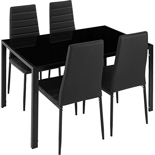 tectake 402837 Esszimmergruppe mit 4 Stühlen, Tisch mit Glasplatte, Essgruppe für 4 Personen, 4er Set Esszimmerstühle mit Esstisch, für Wohnzimmer Küche Büro, schwarz