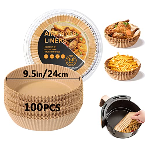 Backpapier für Heißluftfritteuse, 24cm Backpapier Airfryer 100 Stück Luftfritteuse Pergamentpapier Rund, Antihaft-Einweg Heißluftfritteuse Pergamentpapier Liner für Bratpfanne, Ofen, Mikrowelle