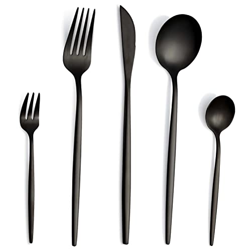 Besteck Set, Besteck Set für 6 Personen, 30 teilig Besteck Set Schwarz Matt, Besteckset aus Edelstahl, Essbesteck mit Messer, Gabel, Löffel, Spülmaschinenfest