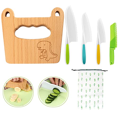 Goodchef Kindermesser 5-teiliges Kinder-Küchenmesser-Set zum Schneiden und Kochen von Obst oder Gemüse für Kleinkinder, inklusive kindersicherem Holzmesser Messer ab 2 jahre(Großäugiger Dinosaurier)