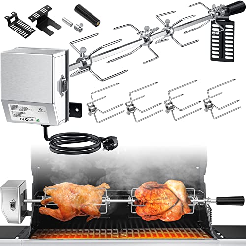 KESSER® Edelstahl Grillspieß Set 107cm passend für Weber Spirit Gasgrill mit 4X Fleischnadeln BBQ Fleischklammer, Griffstück und Motor Elektrischer Drehspieß 220V - 240V, Silber