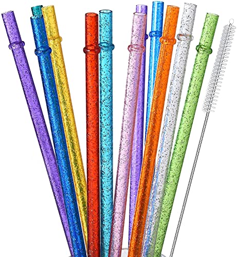 ALINK 12er-Pack Glitzer-wiederverwendbare durchsichtige Kunststoff-Strohhalme, 27,9 cm lange harte Tumbler-Trinkhalme mit Reinigungsbürste (12 Farben)