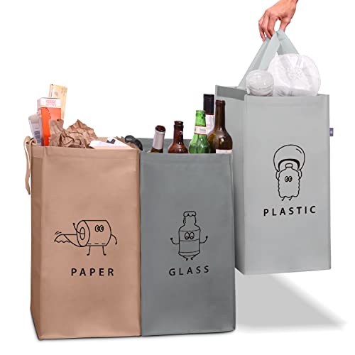 Norggo 3er-Pack Recycling System Taschen - Mülltrennsystem 3fach - Recycling Behälter 40 L - Mülltrennung für Papier, Plastik und Glas Pfandflaschen Aufbewahrung