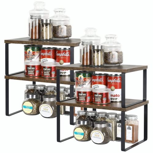 LIANTRAL Küchenregal, 4er Set Küchenschrank Organizer, Küchen Organizer aus Metall und Holzwerkstoff, Erweiterbar & Stapelbar kleines Regal Küche Schrank-Organizer Gewürzregale, Braun&Schwarz