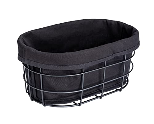 WENKO Brotkorb Bela, Black Outdoor Kitchen Korb für Brot, Brötchen und Baguette aus pulverbeschichtetem Metall mit herausnehmbarer, waschbarer Einlage aus 100 % Baumwolle, 27 x 17 x 11,5 cm, Schwarz