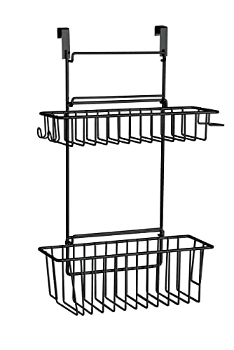 WENKO Einhängekorb Flexi, 2 Etagen, Organizer zum Einhängen an Schublade oder Schranktür, geeignet für Badezimmer und Küche, ohne Bohren, aus pulverbeschichtetem Metall, 32 x 47 x 12,5 cm, Schwarz