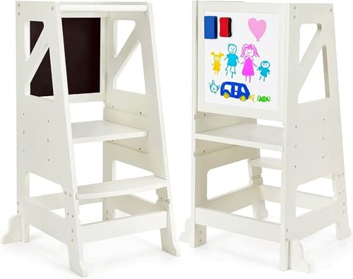 Dripex Lernturm für Kinder - Höhenverstellbar Mit Kippschutz, Montessori Holz Mit Doppelseitiger Tafel, Küchenhelfer Ab 1 Jahr (Cremefarben)