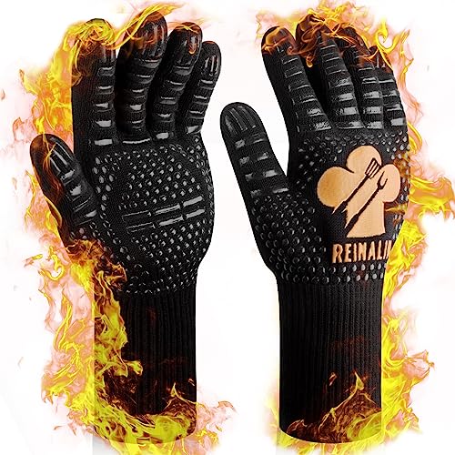 Reinalin Grillhandschuhe Hitzebeständig bis 800°C, Ofenhandschuhe Topfhandschuhe Feuerfeste Handschuhe BBQ Handschuhe Kochhandschuhe Backhandschuhe Backofenhandschuhe, aus Baumwolle, Gold