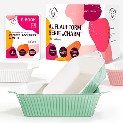 Happy Lemuro Auflaufform 2er Set - für Aufläufe, Tiramisu, Lasagne - Extra Hoch - Lasagneform | Tiramisu Form | Ofenform eckig - Auflaufform Keramik (Auflaufform groß + klein (im Set), mint)