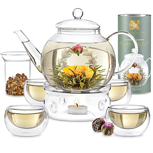 Teabloom Vollständiges Tee Set – 1,2 L Teekanne Glas mit Siebeinsatz Herausnehmbar und Feuerfest – Teekanne mit Stövchen Inklusive 4 Isolierende Teetassen aus Glas und 12 Teeblumen