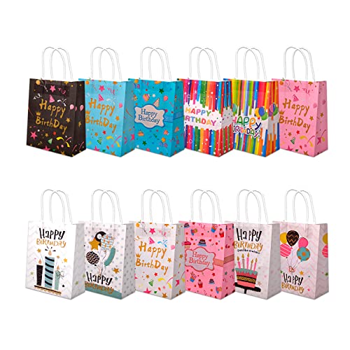 12 Stück | Geburtstag Geschenktüten | Geschenktasche | Tragetasche | Happy Birthday | Papiertasche mit Henkel Geschenk Mitgebsel Kraftpapier Tasche Beutel Geschenkverpackung Geburtstagsparty