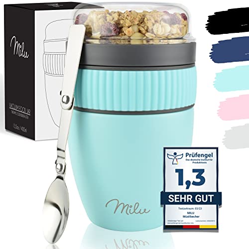 Milu Müslibecher to go 400ml I isolierter Edelstahl Joghurtbecher für Müsli I auslaufsicherer Becher mit Löffel für Yoghurt/Porridge (Türkis)