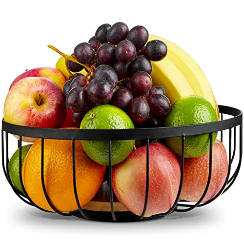 HIKITCHEN® Obstkorb - Dekoschale aus Metall und Bambus - Obstschale für Küche und Haushalt - Fruchtkorb Brötchenkorb (Schwarz)