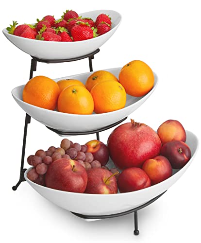 DEELIA® Etagere | 3-stöckig | Keramik Obstschale modern & weiß | Praktische Aufbewahrung für die Küche | 3 Etagen für Obst & Gemüse