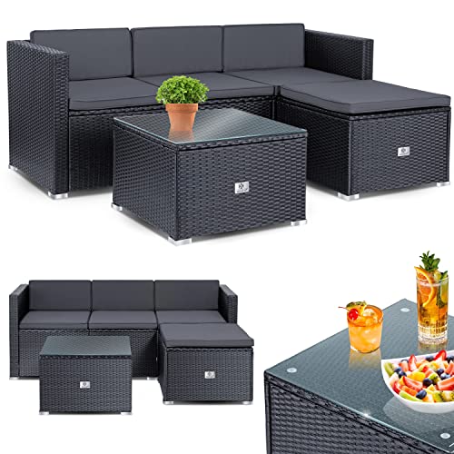 KESSER® Polyrattan Lounge Aruba - Gartenlounge für 3-4 Personen Gartenmöbel-Set Sitzgruppe aus 3er Gartensofa, Sessel, Hocker und Beistelltisch mit Sitzkissen - Garten, Terrasse, Balkon, Anthrazit