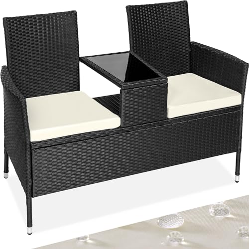 tectake 404557 Poly Rattan Gartenbank mit Tisch, 2-Sitzer Bank, 131 x 61 x 82 cm, Sitzbank für Garten Balkon und Terrasse, Gartensitzbank inkl. Sitzkissen, schwarz-beige