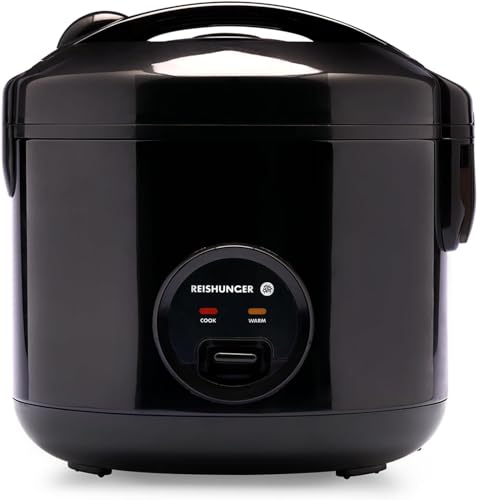REISHUNGER Reiskocher & Dampfgarer mit Keramikbeschichtung - 1,2 L, Schwarz - Für 1-6 Personen - Schnelle Zubereitung ohne Anbrennen - Mit Warmhaltefunktion inkl. Dämpfeinsatz, Löffel & Messbecher
