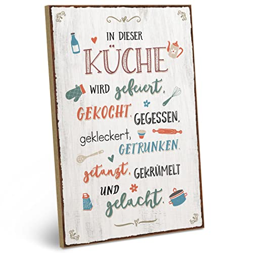 ARTFAVES® Holzschild mit Spruch - In dieser Küche wird gefeiert | Shabby Chic Vintage Schild | Deko Geschenk zum Thema Küchendeko | Größe: 19 x 28 cm