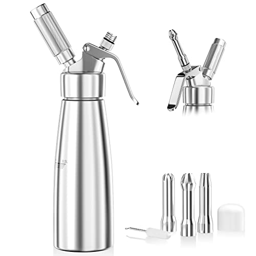 Newaner 500ml sahnespender, Sahnesyphon Aluminium mit 3 Edelstahl Deko-Düsen und 1 Reinigungbürste, Auslaufsicherer sahnesiphon für die Zubereitung von Schlagsahne, Creme, Mousse und Desserts