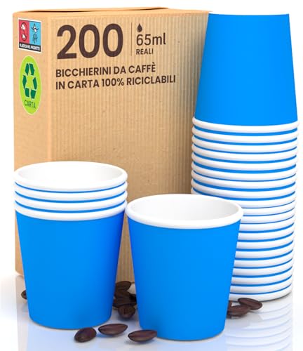 200 Gläser aus Papier für Kaffee, 65 ml, umweltfreundlich, biologisch abbaubar, Einweg-Asport-Getränke, warmes Wasser, bunt, blau