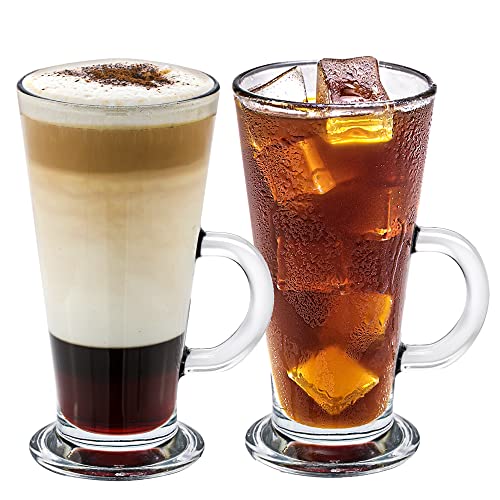 Crystalia Glas Kaffeetassen mit Henkel, 2er-Set, 265ml%100 BLEIFREI Irische Kaffeetassenset, Hohes Glas, Eiskaffee, Latte, Heiße Schokolade, Irish Kaffee Gläser, Glaskaffeetassen mit Griff