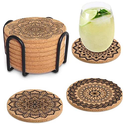 Untersetzer Kork, 8 Stück Korkuntersetzer Holz Wiederverwendbare Rund Untersetzer, Wiederverwendbare Saugfähigen Tasse Coaster Mat Glas Untersetzer-Set für Zuhause Restaurant Büro und Bar