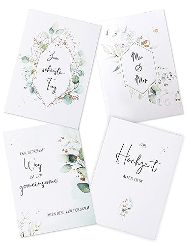 Marvelights Hochzeitskarte 4er Set Eukalyptus, Glückwunschkarte Hochzeit, Grußkarten Hochzeit, Klappkarten Hochzeitskarten A6 mit Umschläge