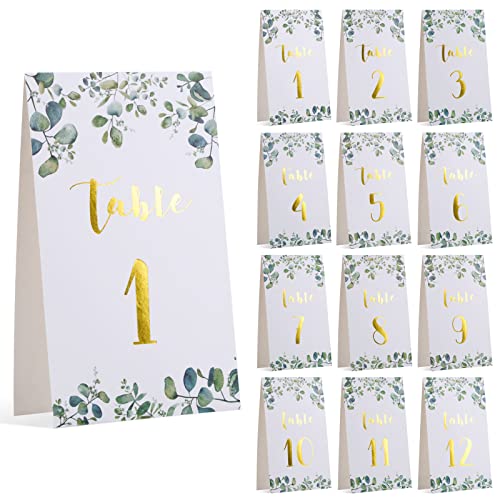 COLOFALLA 12 Stück Tischnummern Hochzeit 1-12 Weiß Gold Eukalyptus Tischkarten Taufe Kommunion Konfirmation Platzkarten goldfoliert Tischdeko aus Papier Nummern Zahlen für Geburtstag Party