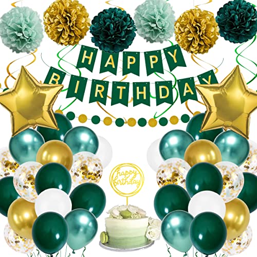 Geburtstagsdeko, Luftballons Geburtstag Set Grün Gold Metallic Luftballons für Mädchen Jungen Frauen Männer mit Papierbommeln, Happy Birthday-Banner, Konfettiballons für Geburtstag Dekoration