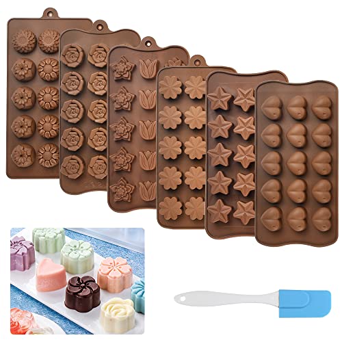 DIKEBAO 6 Stück Schokoladenform Silikon Pralinenform Set 3D Süßigkeiten Formen Verschiedene Formen Schokoladen Silikonform Antihaft Blumenform Backform für Backen Schokolade Süßigkeiten Eiswürfel