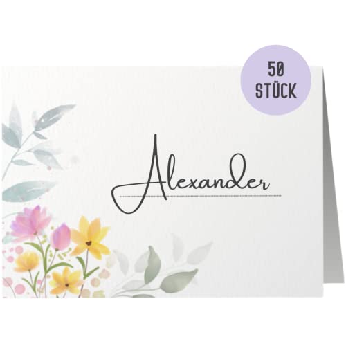 50 Namensschilder Hochzeit by Things of Happiness | Sitzplatzkarten Blanko | Platzkarten, Tischkarten Namenskarten 50er Set im Boho Design (Pastell Blumen)