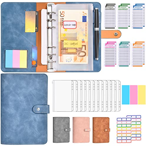 Budget Planner Deutsch - A6 PU Leder Binder Geld Organizer Sparen - Finanzplaner Cash Stuffing Haushaltsbuch mit Geldfacher - Budgetplaner Sparbuch mit Folien für Sinking Funds Sparbuch, Blau