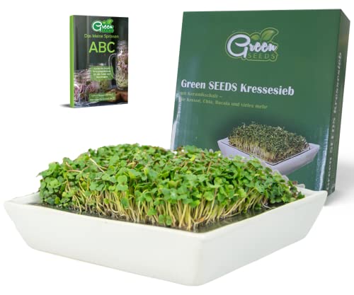 Green SEEDS® [Das Original Kressesieb | Edelstahlsieb mit hochwertiger Keramikschale nachhaltig verpackt | Anzuchtschale 14 x 14cm Spülmaschinenfest u. Rostfrei + Sprossen-ABC [E-Book]