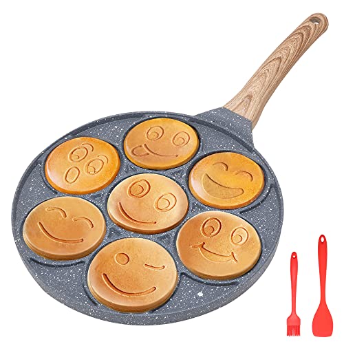 Bobikuke Pancake Pfanne Induktion, Antihaft Pancake Maker 7 Löcher mit Smiley-Gesichtern Spiegelei-Pfanne, zum Kinderfrühstück, 26 cm - Schwarz