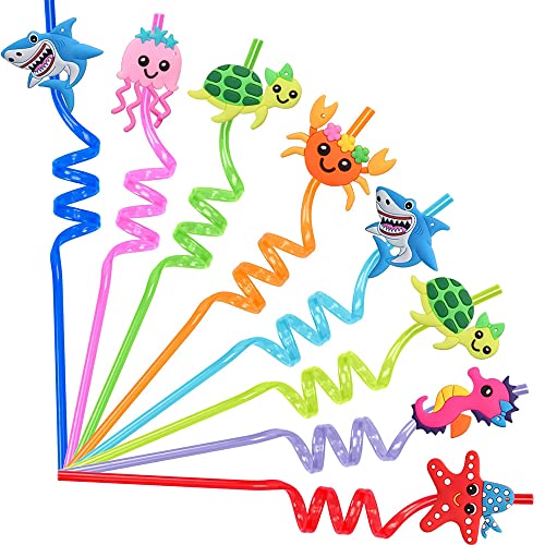 8 Stück Strohhalm Plastik Wiederverwendbare Strohhalme Trinkhalme Neuheit Lockige Strohhalm Meerestier-Strohhalme Geburtstagsfeier Dekorationen Partybedarf