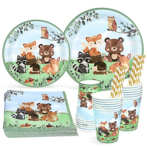 Waldtiere Geburtstag Deko Partygeschirr Set für 25 Gäste, Einweggeschirr Set 125 Stück Pappteller Pappbecher Servietten Strohhalme für Babyparty Kindergeburtstag Deko Junge Mädchen