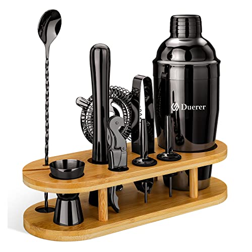 Duerer Barkeeper-Set, Cocktail-Shaker-Set, 11-teiliges Bar-Set mit Bambusständer, professioneller Edelstahl-Cocktail-Shaker mit Rührlöffel, Stößel, Messbecher, Zange, Korkenzieher usw. (Metal Grey)