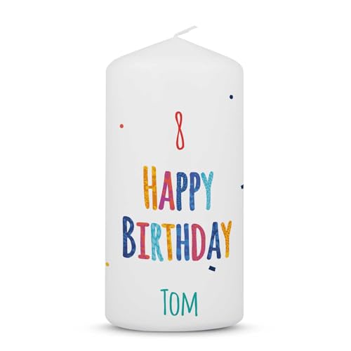 GRAVURZEILE Bedruckte Kleine Kerze - Geburtstagskerze Happy Birthday - Personalisiert mit Name & Alter - brilliant bedruckte Kerze - Geschenk für Mädchen & Jungen zum Kinder Geburtstag