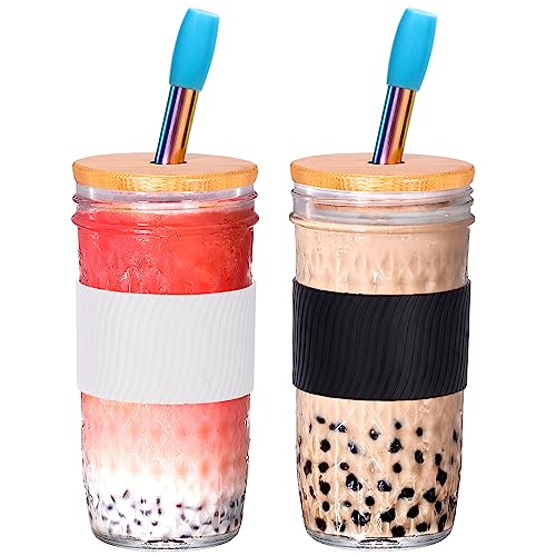 Spurtar Bubble Tea Becher Set Glasbehälter, 720ml Trinkbecher mit Deckel und Strohhalm Gläser Smoothie Becher Mason Jar Glasbecher Wiederverwendbaren Einmachgläser, 2er Stück