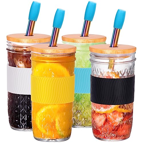 Spurtar Bubble Tea Becher Gläser Set Smoothie Becher 4er Pack 720ml Trinkbecher mit Deckel und Strohhalm, Longdrinkgläser Trinkgläser Eiskaffee Gläser Set Glasbehälter