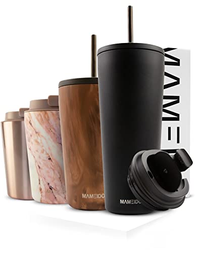 MAMEIDO Thermobecher mit Strohhalm 700ml & 470ml - Trinkbecher mit Deckel und Strohhalm aus Edelstahl doppelwandig isoliert, auslaufsicher - Coffee to go Becher (Rich Black, 0,7l)