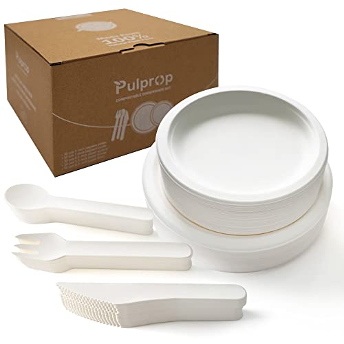 Pulprop 250 Stück Umweltfreundlich Biologisch Abbaubare Geschirr Set, Einweggeschirr Set, Natürliches Einweg Bagasse Teller-Set, Pappteller Messer Löffel Gabeln für Camping Grill BBQ Party 50 Personen