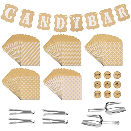 67 Stück Candy Bar Zubehör, Enthält 50 Stück Candy Bar Tüten und 10 Sticker, 4 Stück Zuckerzange und 2 Stück Candybar Schaufel und 1 Girlande, für Candy Bar Büfett Grill Hochzeit Party Geburtstag